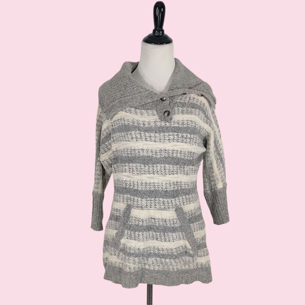 Change Of The Moon Anthropologie Sweater M Pullover Gray Cream Stripe Wool‎